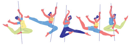 Pole or pylon dancers female characters in sportswear, vector illustration isolated on white...