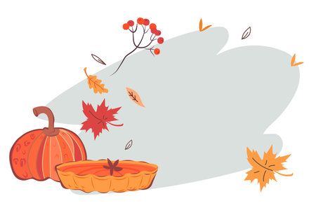 Autumn season banner background with pumpkins and pumpkin pie for Thanksgiving or Halloween autumn holidays, vector illustration isolated on white background.のイラスト素材