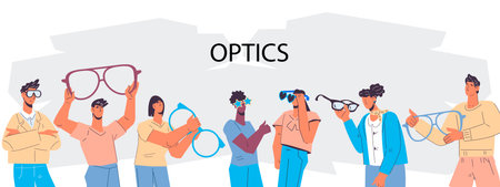 Banner or poster for website with people characters for optics, eyewear store, optometry and ophthalmology, flat vector illustration isolated on white background. Vision care and eye health.のイラスト素材