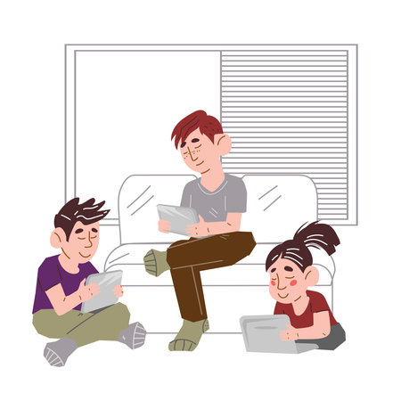Children of Gen Alpha using digital devices in their daily lives. Alpha Generation using digital devices for playing, studying, and watching cartoons, flat vector illustration isolated on a white.のイラスト素材