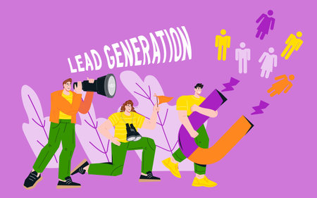 Business team of promoters and SMM professionals generate leads and drive customer conversions using inbound marketing techniques, vector illustration isolated on white background.のイラスト素材