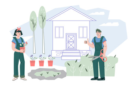 Professional gardener services banner background with gardeners who provide lawn care and landscaping, vector illustration isolated on white. Gardeners provide lawn care, landscaping and pruning.のイラスト素材