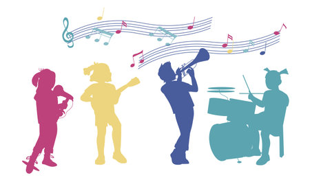 Multicolor silhouettes of Kids playing on different music instruments. Children orchestra and musical classes, decorative elements set, flat flat vector illustration isolated on white background.のイラスト素材
