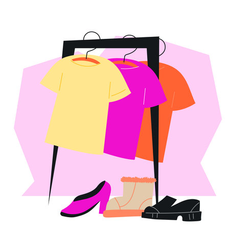Rack with clothes, flat vector illustration isolated on white background. Clothes for fashion, garage sale, sale or second hand design projects.のイラスト素材