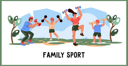 Healthy lifestyle and family sport activities concept of banner or poster, flat vector illustration isolated on white background. Parents and children in fun and active hobbies, sport workout.のイラスト素材