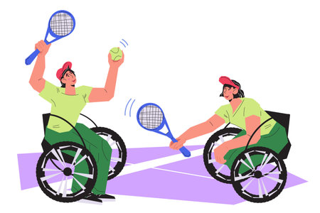 Wheelchair tennis sport , flat vector illustration isolated on white background. Opportunities for individuals with disabilities to participate in various sports and activities.のイラスト素材