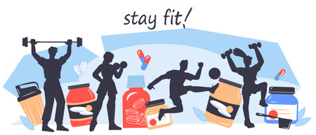 Banner or poster on sports, fitness, and training theme with people characters, flat vector illustration isolated. Banner for tips and advice on exercise, health, and achieving fitness goals.のイラスト素材