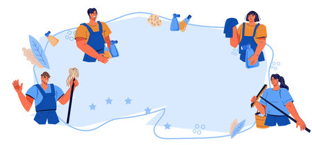 Banner with professional cleaners offer expert housework services, vector illustration isolated on white background. Hiring a professional cleaner and cleaning.のイラスト素材