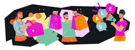Black Friday banner with people shopping with amazing discounts and deals during the Black Friday sale, flat vector illustration isolated on white background.のイラスト素材