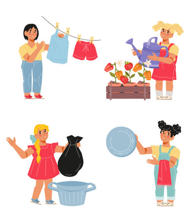 Kids characters set for theme of involving children in household chores and teaching them life skills. Children do chores appropriate to their age, flat vector illustration isolated on white.のイラスト素材