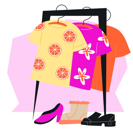 Fashion wardrobe hanging on rack, collection of clothes at showroom. Trendy clothes and shoes on hangers and racks to showcase fashionable apparel choices, vector illustration isolated on white.のイラスト素材