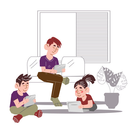 Digital native or alpha generation children using digital appliances such as laptops and phones, flat vector illustration isolated on white background. Children digital natives characters.のイラスト素材
