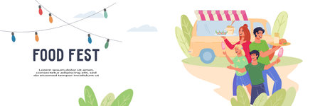 Street food festival banner or flyer design, flat vector illustration. Summer truck fair with fast food corners advertisement.のイラスト素材