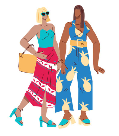 Female characters in fashion summer outfit, vector illustration isolated on a white background. Two women in summer beach clothing.のイラスト素材