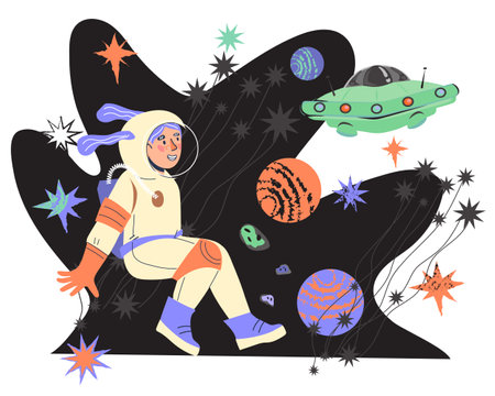 Child goes on an exciting space adventure, where he can imagine himself as an astronaut traveling through the galaxy. Exploration and fun activities on space theme, vector banner isolated on white.のイラスト素材