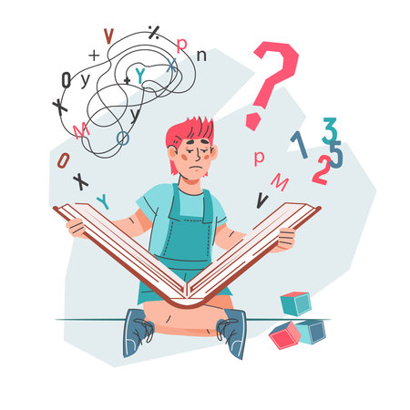 Dyslexia that can affect a child's ability to read and learn, flat vector illustration isolated on white background. Dyslexia as a specific learning disorder in children.のイラスト素材