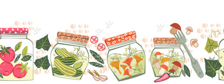 Seamless border with pickled vegetables in jars for harvest saving and food preserving themes, canned food labels design element, flat hand drawn vector illustration isolated on white.のイラスト素材