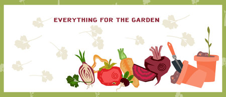 Gardening tools and supplies, banner or flyer design with vegetables, flat vector illustration. Banner for a store selling garden supplies.のイラスト素材