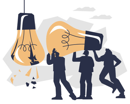 Business team searches for strategies to solve business problems and overcome the crisis, finds new solutions and brainstorms for innovative ideas, vector illustration isolated on white background.のイラスト素材