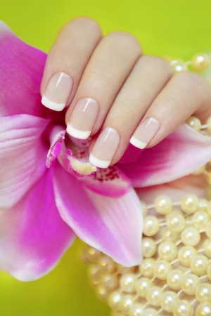 French manicure on a green background with an Orchid and pearls.の写真素材