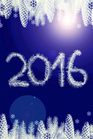 The symbol of the new year 2016 on a blue background with white fir branches with cones and flare.の写真素材