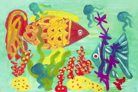 Child's drawing of the underwater world with two fish and seaweed.の写真素材
