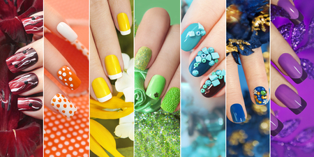 Colorful rainbow collection of nail designs for summer and winter holidays.