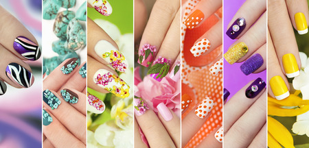 Collection of trendy colorful various manicure with design on nails with glitter, rhinestones, real flowers, stickers, turquoise and yellow French manicure.の写真素材