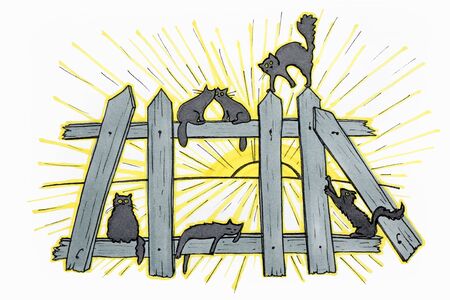 Drawing of a group of cats sitting on a fence at sunset on a white background.の写真素材
