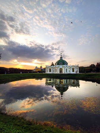 Architectural structure of Russia by the lake in the evening at sunset in early autumn.の写真素材