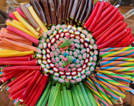 Multicolored sweet and sour candies of different shapes and colors.の写真素材