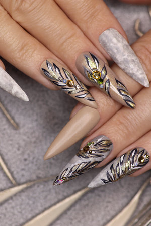 Manicure on the sharp shape of nails with a pattern of leaves with rhinestones.の写真素材