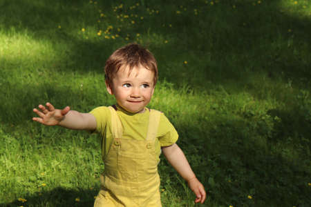 Portrait of a little boy in yellow clothes in the summer in the park.の写真素材