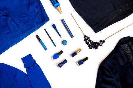 An assortment of accessories and clothing items in blueの写真素材