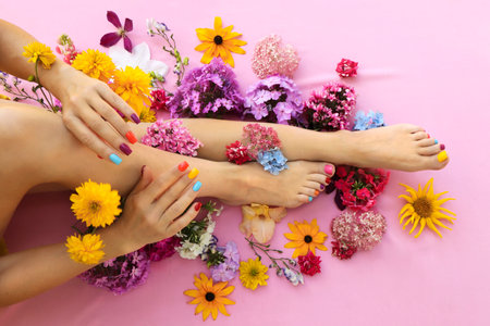 Multicolored manicure and pedicure on square shaped nails with different flowers.の写真素材