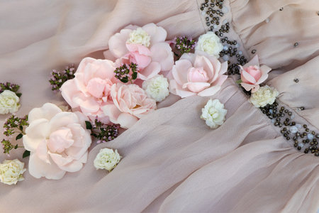 Wedding flowers on the background of fabric. wedding accessories.の写真素材