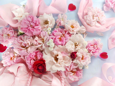 Beautiful wedding bouquet with roses and petals, closeupの写真素材