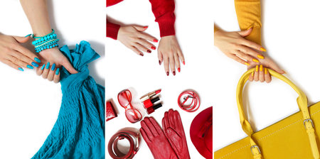 Collage of woman hands with fashion clothes and accessories on white background.の写真素材