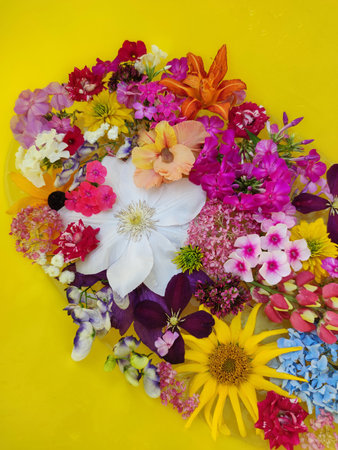 A floral arrangement of various flowers on a yellow background.の写真素材