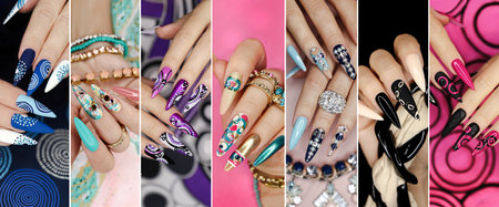 A collection of fashionable diverse designs on long nails.の写真素材