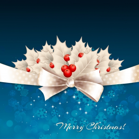 Vector christmas background with ribbon, bow and hollyのイラスト素材