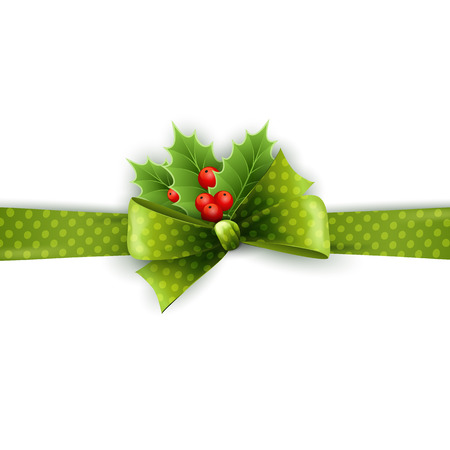 Christmas ribbon decoration with holly and polka dots green bow in white backgroundのイラスト素材