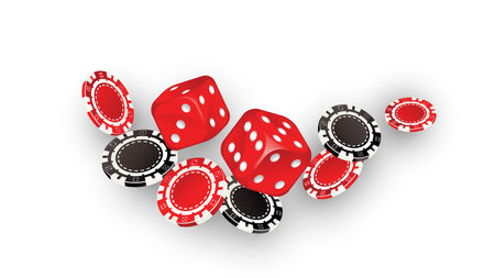 Falling aces and casino chips on white background. Playing cards, red and black money chips. Gambling Poker and card games.のイラスト素材
