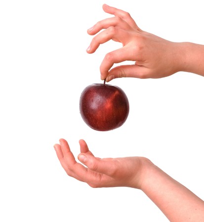Girl's hands with  apple  isolated on white backgroundの写真素材
