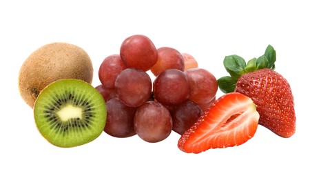 Kiwi, gtapes, and strawberries isolated on white backgroundの写真素材