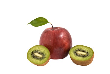 Apple and sections of kiwi fruitの写真素材