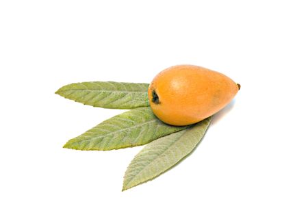 Looquat on leaves isolated on white backgroundの写真素材