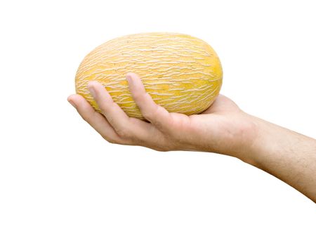 Melon in hand isolated on white backgroundの写真素材