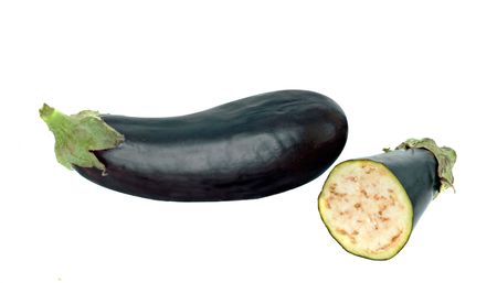 Eggplant and its section isolated on white backgroundの写真素材