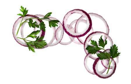 Onion slices  isolated on white backgroundの写真素材